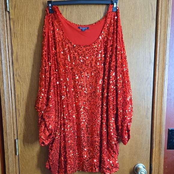 Roaman's Tops - Roaman's Red Sequin Tunic Cold Shoulder Top